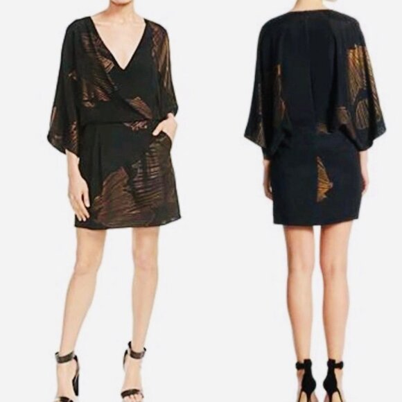 Halston Heritage Black & Gold Kimono Sleeve Mini Dress With Abstract Print Size - Picture 7 of 14